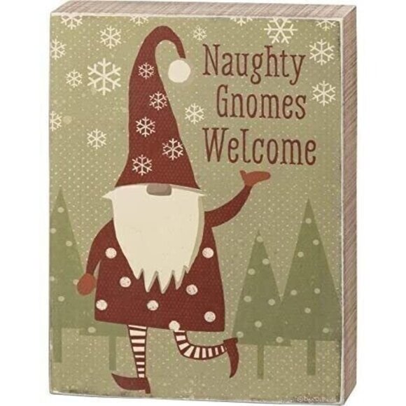 Naughty Gnomes Welcome Wooden Box Sign Christmas Decor 8" X 6" - Picture 1 of 4